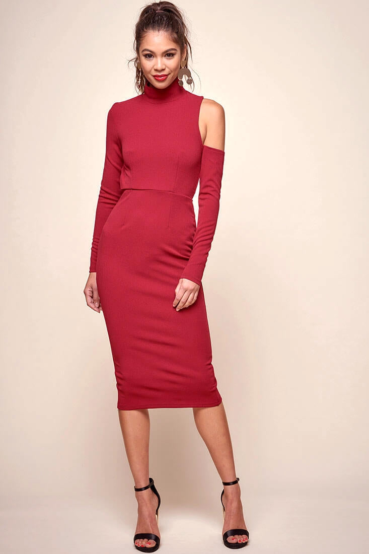 Sofie Asymmetrical Cut Out Turtle Neck Dress Red by Selfie Leslie