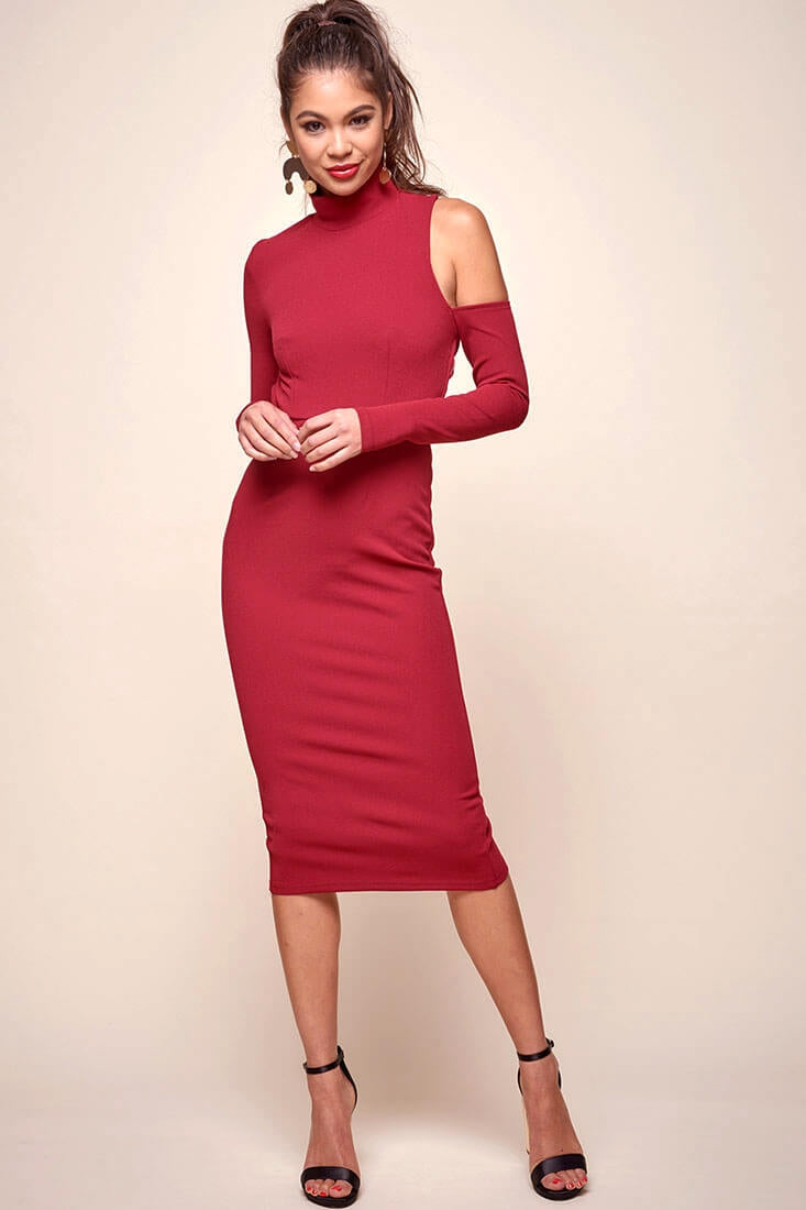 Sofie Asymmetrical Cut Out Turtle Neck Dress Red by Selfie Leslie