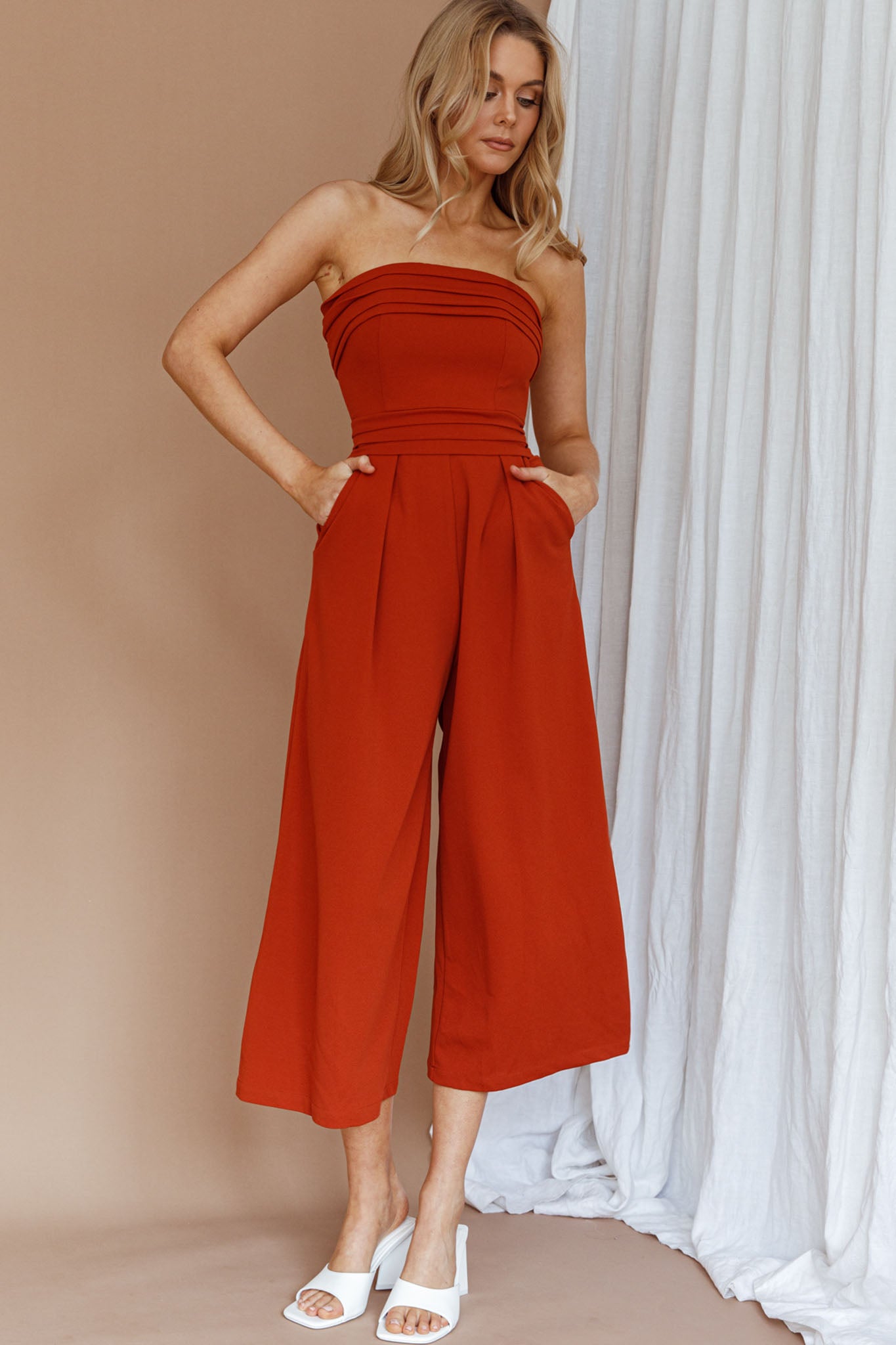 Chosen Strapless Wide Leg Jumpsuit Orange by Selfie Leslie Australia