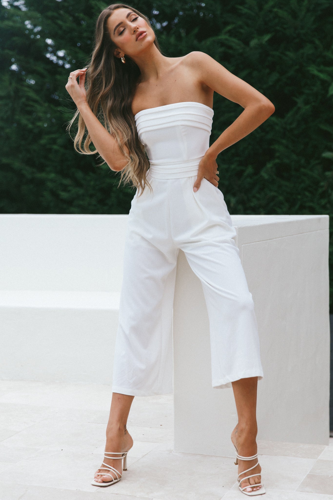 Chosen Strapless Wide Leg Jumpsuit White by Selfie Leslie