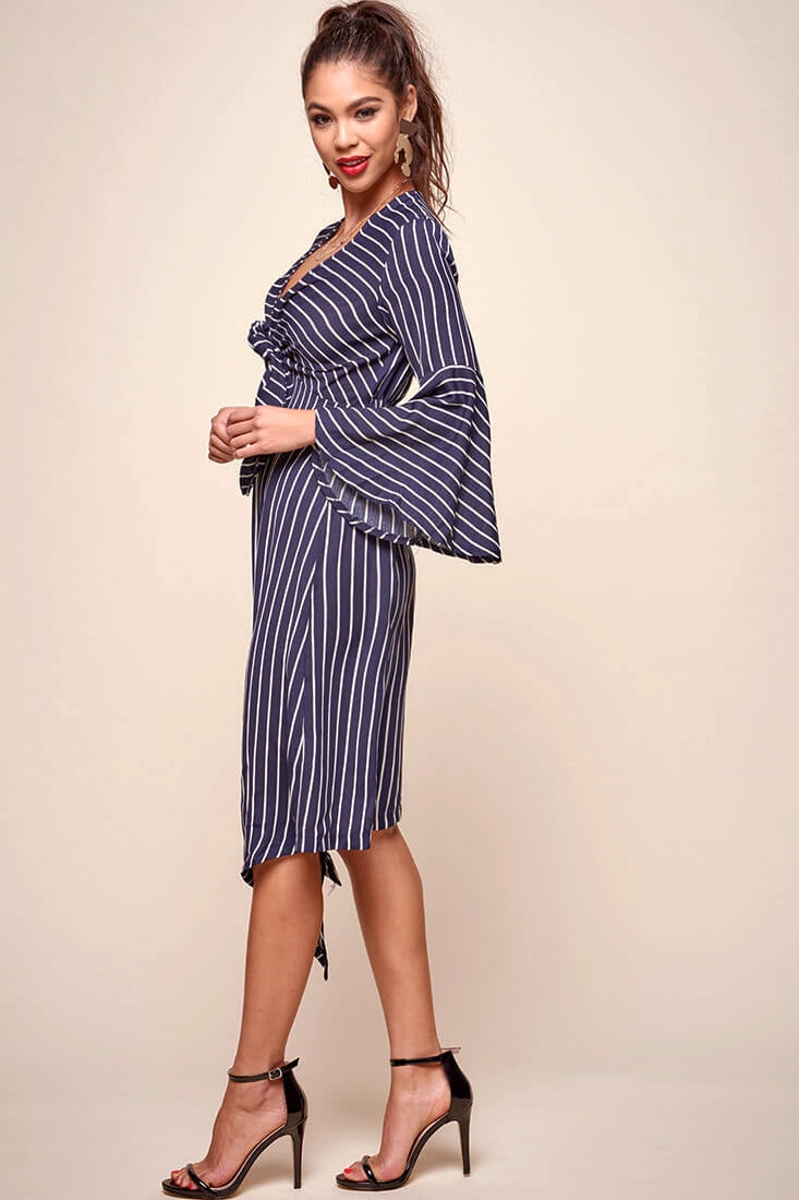 Jaedyn Waist Tie Bell Sleeve Dress Navy by Selfie Leslie