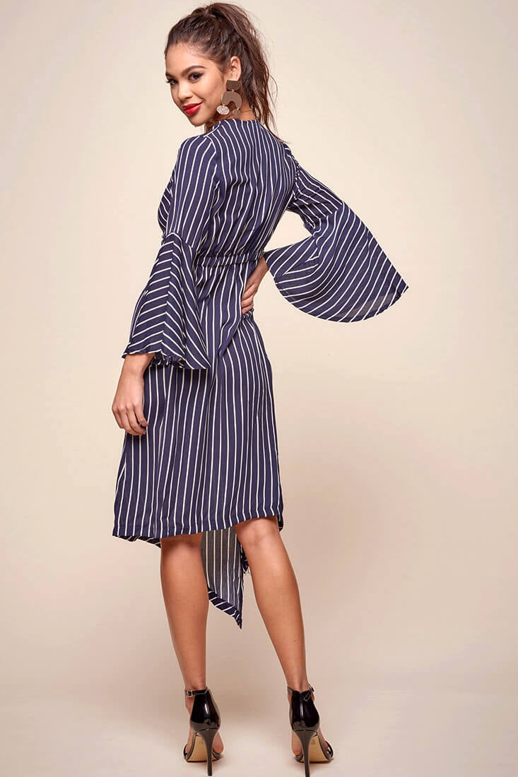 Jaedyn Waist Tie Bell Sleeve Dress Navy by Selfie Leslie