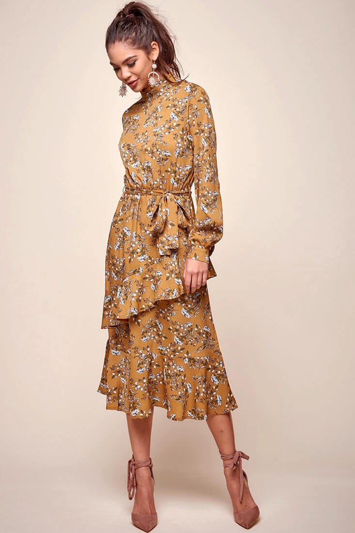 Jackson Waist Tie Bell Sleeve Dress Mustard by Selfie Leslie
