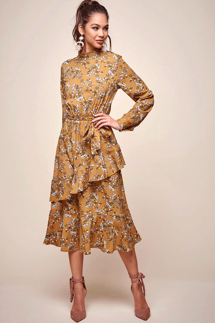 Jackson Waist Tie Bell Sleeve Dress Mustard by Selfie Leslie