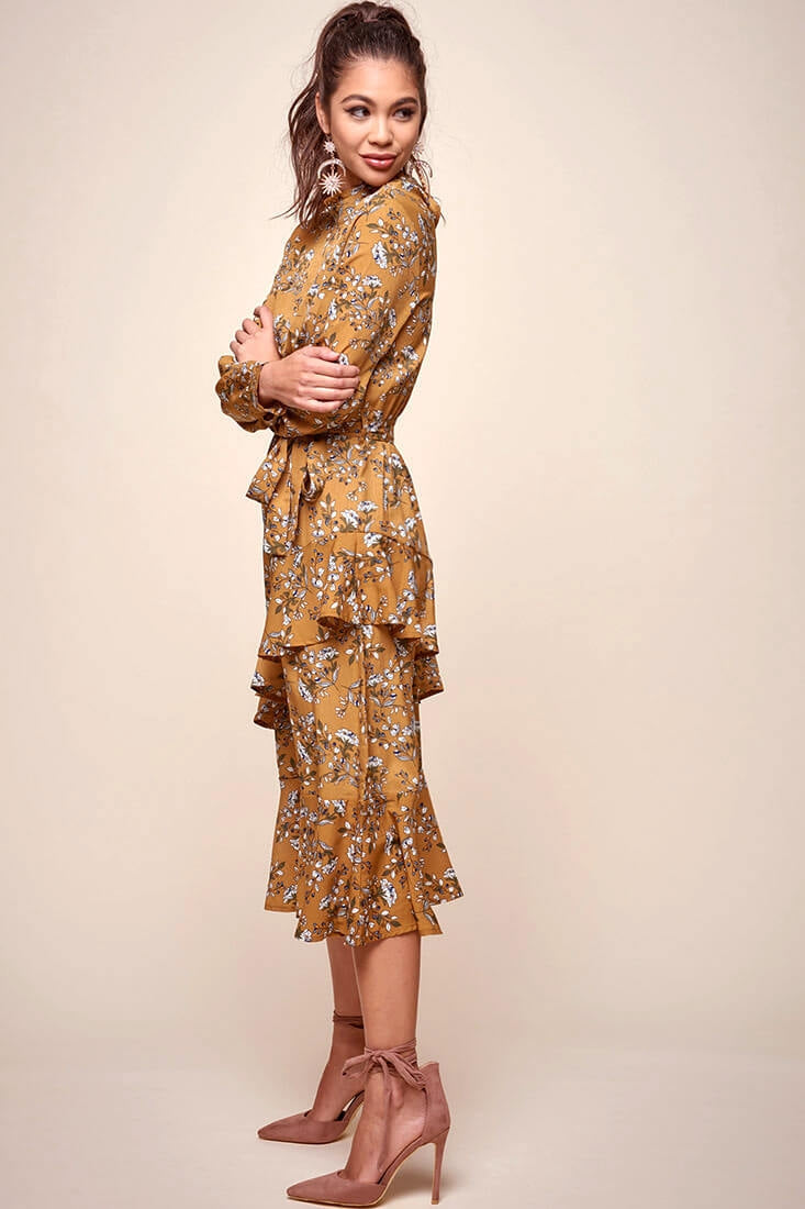Jackson Waist Tie Bell Sleeve Dress Mustard by Selfie Leslie