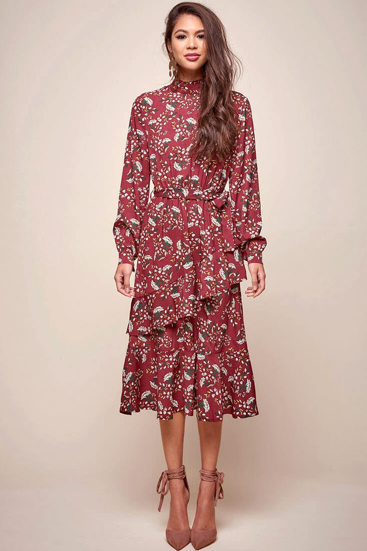 Jackson Waist Tie Bell Sleeve Dress Red Wine by Selfie Leslie