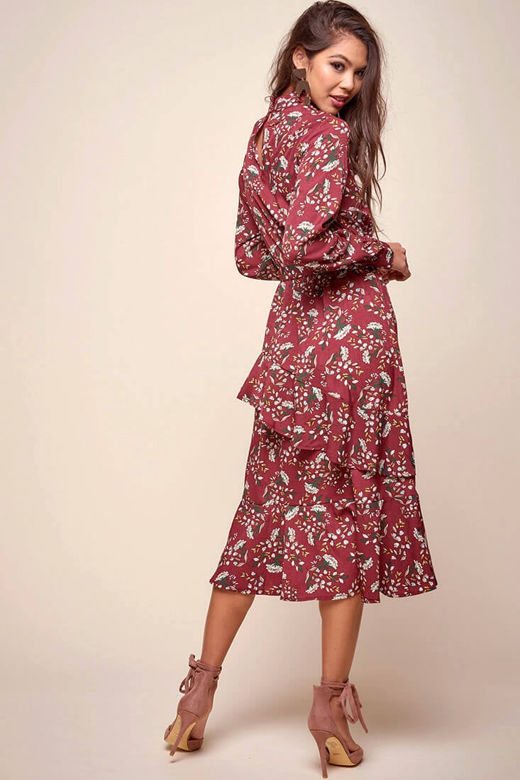 Jackson Waist Tie Bell Sleeve Dress Red Wine by Selfie Leslie