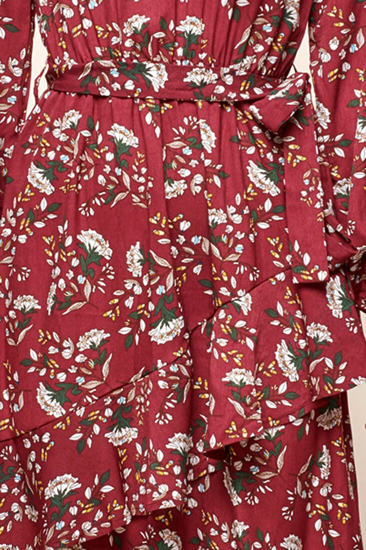 Jackson Waist Tie Bell Sleeve Dress Red Wine by Selfie Leslie