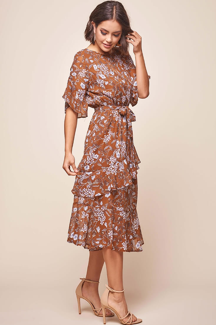 Jackson Waist Tie Ruffle Dress Rust Print by Selfie Leslie