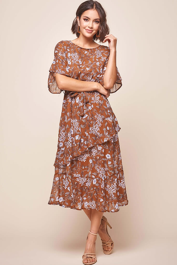 Jackson Waist Tie Ruffle Dress Rust Print by Selfie Leslie