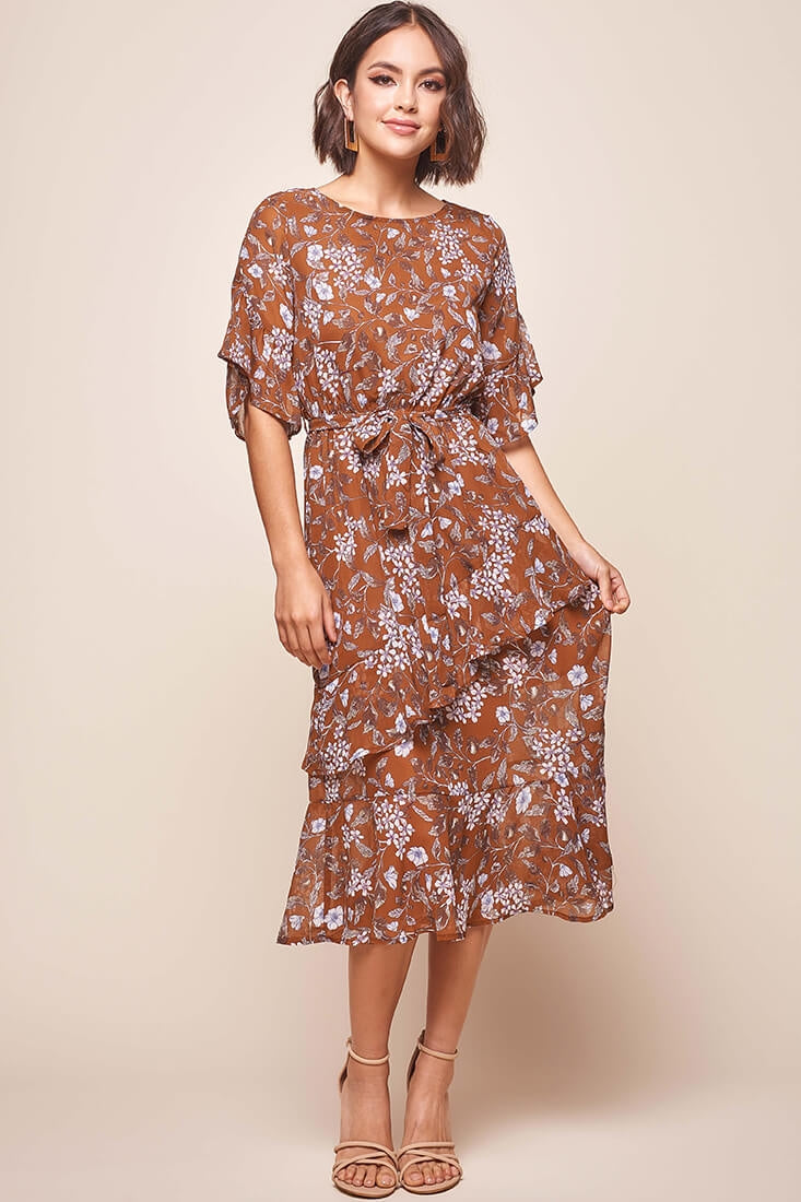 Jackson Waist Tie Ruffle Dress Rust Print by Selfie Leslie