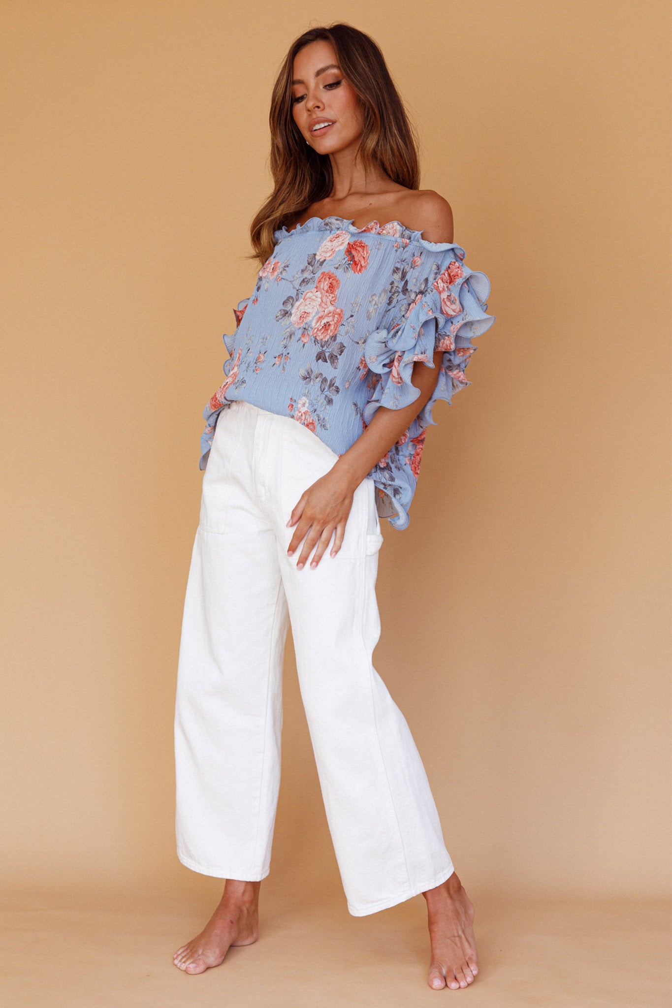 Miranda Off-Shoulder Ruffle Sleeve Top Floral Print Blue by Selfie Leslie Australia