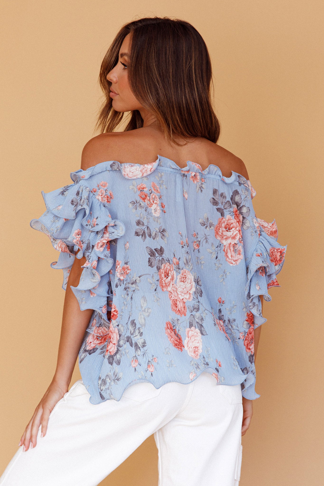 Miranda Off-Shoulder Ruffle Sleeve Top Floral Print Blue by Selfie Leslie Australia