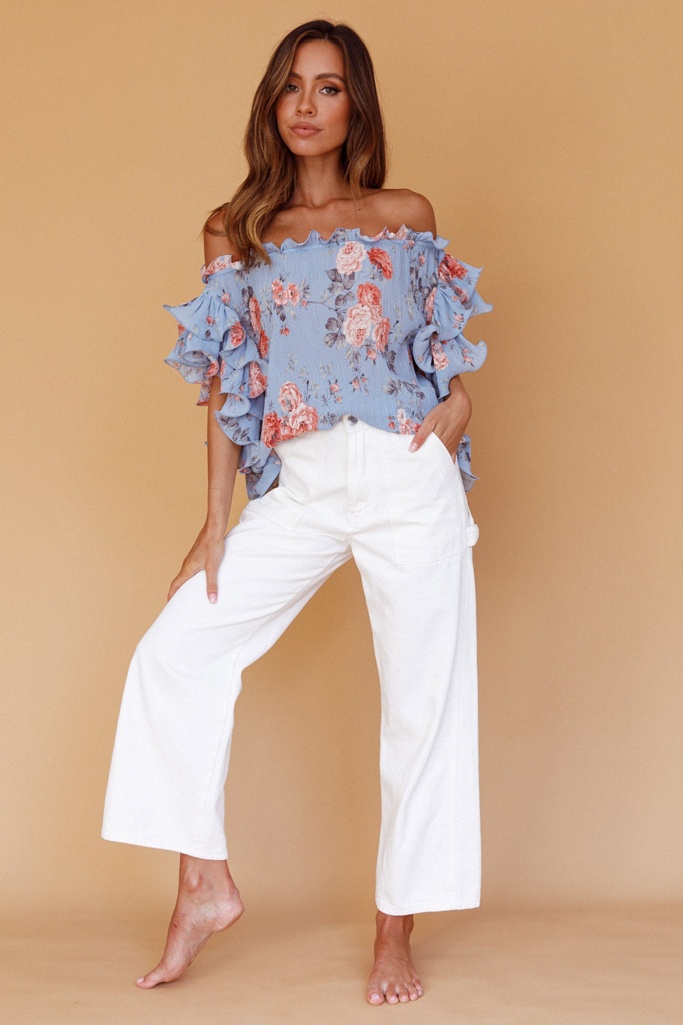 Miranda Off-Shoulder Ruffle Sleeve Top Floral Print Blue by Selfie Leslie Australia