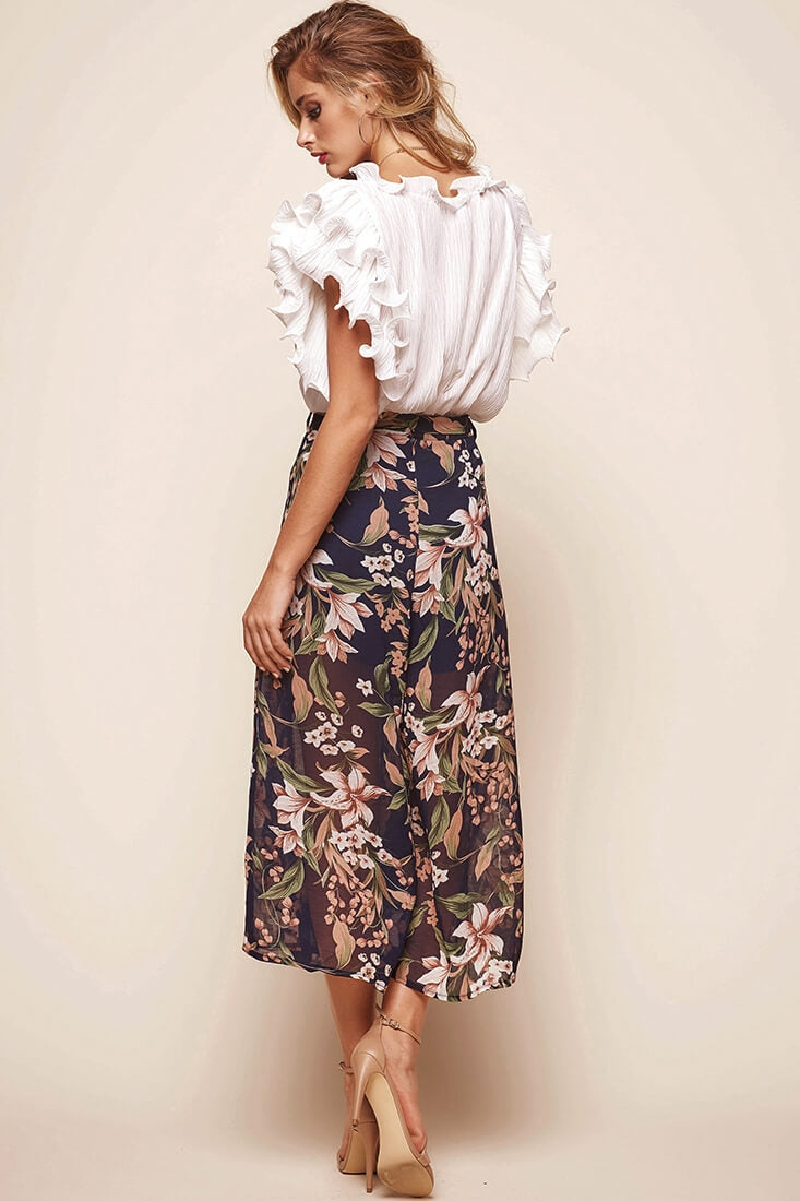 Constance Wide Leg Ruffle Pants Navy Print by Selfie Leslie