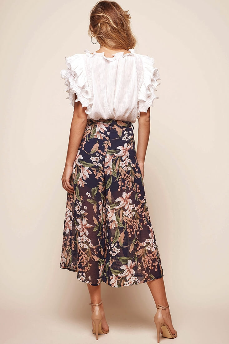 Constance Wide Leg Ruffle Pants Navy Print by Selfie Leslie
