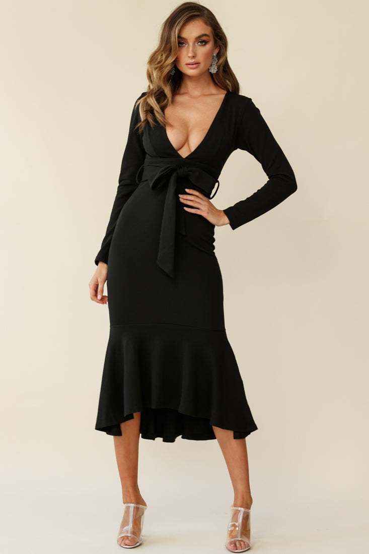 Sorry Not Sorry Long Sleeve Flounce Midi Dress Black by Selfie Leslie