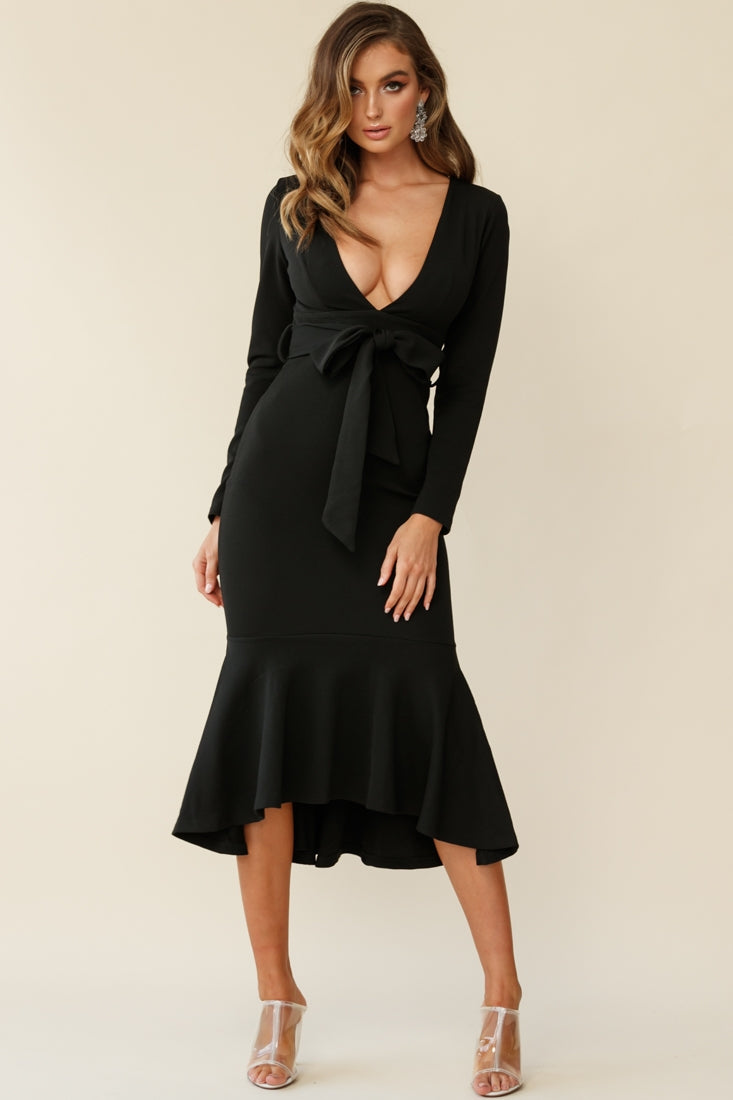 Sorry Not Sorry Long Sleeve Flounce Midi Dress Black by Selfie Leslie