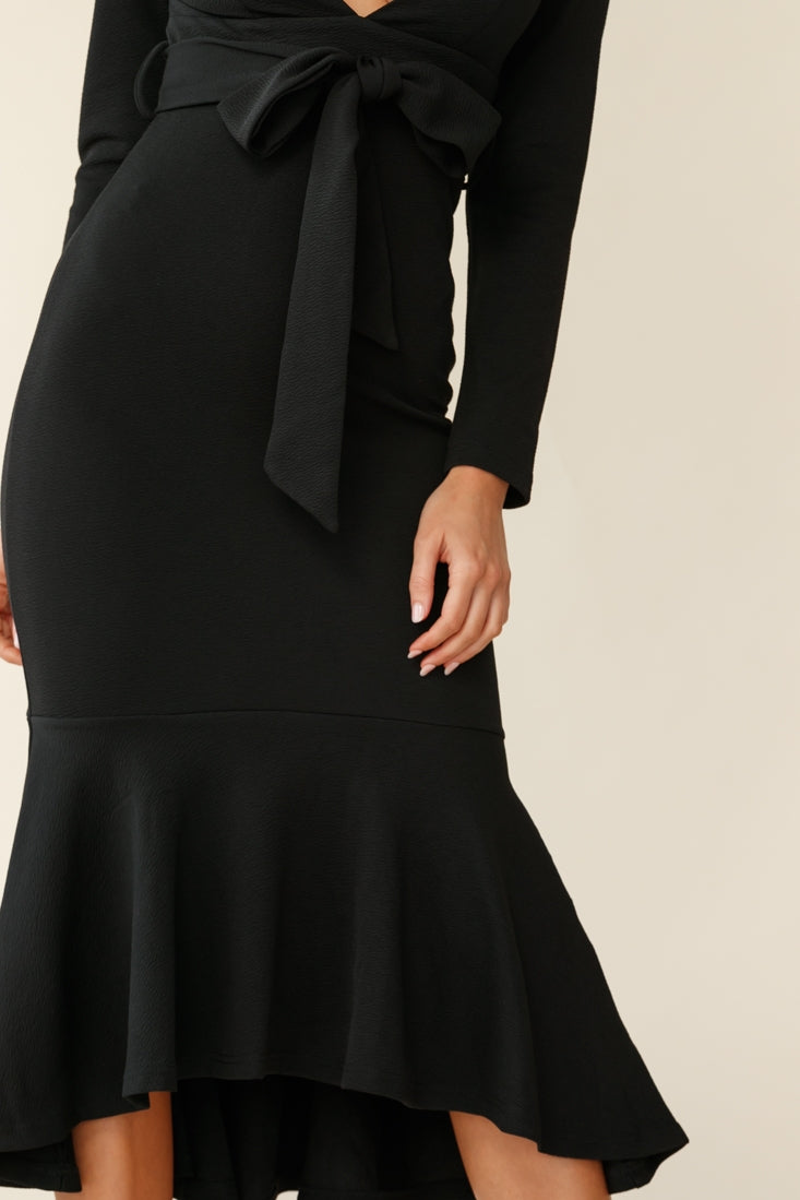 Sorry Not Sorry Long Sleeve Flounce Midi Dress Black by Selfie Leslie