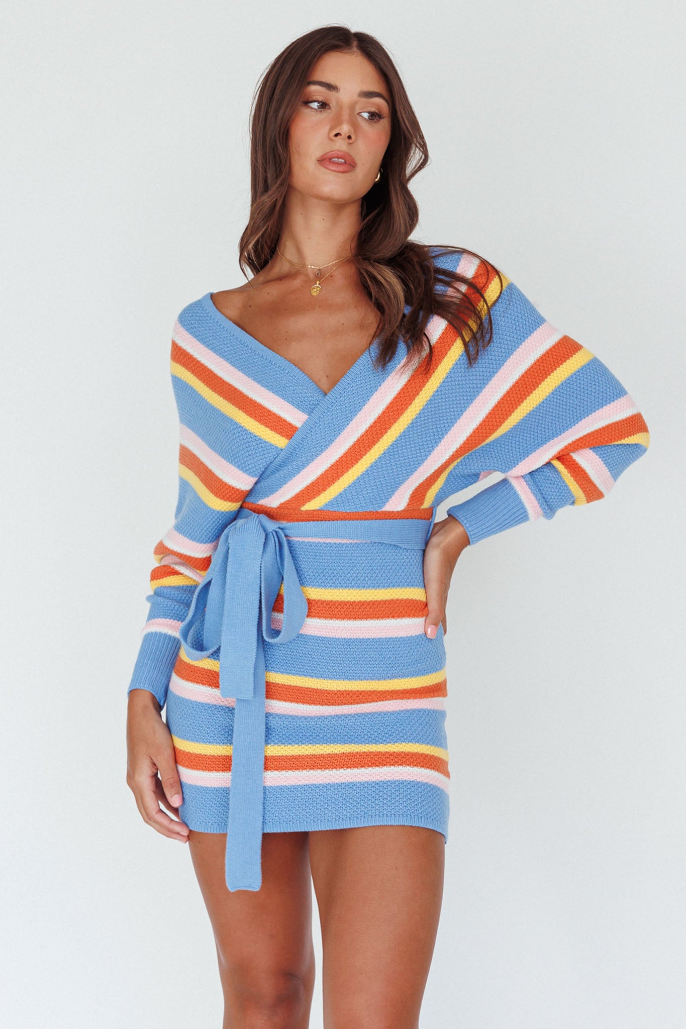 Cameo Batwing Knit Dress Striped Blue by Selfie Leslie Australia