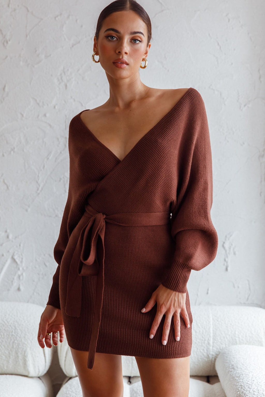 Cameo Long Batwing Sleeve Knit Mini Dress Chocolate by Selfie Leslie