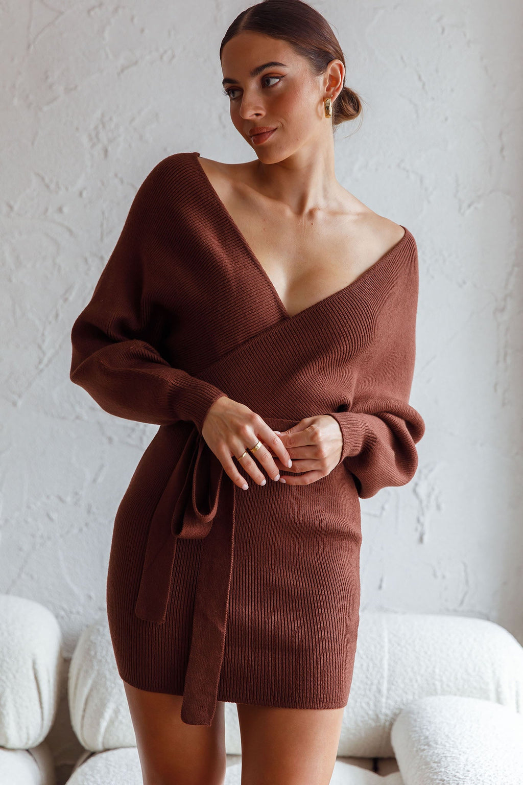 Cameo Long Batwing Sleeve Knit Mini Dress Chocolate by Selfie Leslie