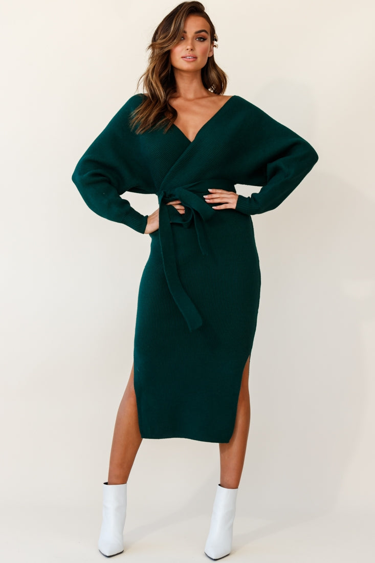 Cameo Batwing Knit Midi Dress Forest Green by Selfie Leslie