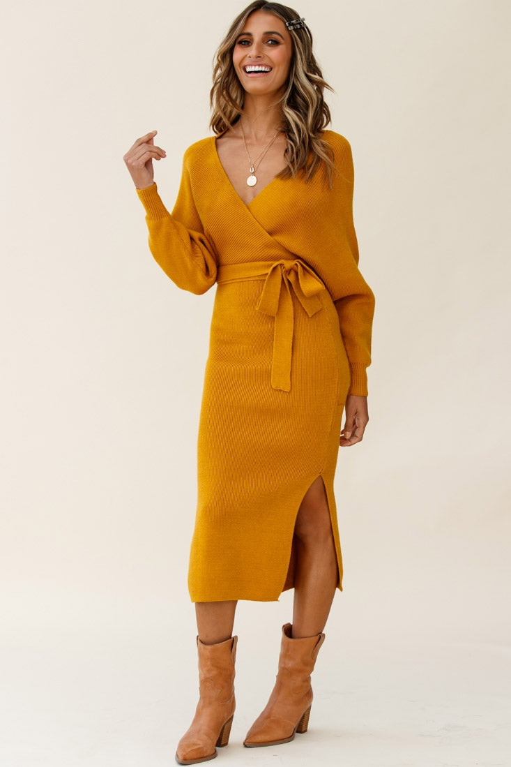 Cameo Batwing Knit Midi Dress Mustard by Selfie Leslie