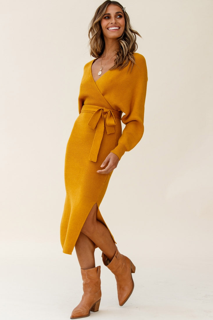 Cameo Batwing Knit Midi Dress Mustard by Selfie Leslie