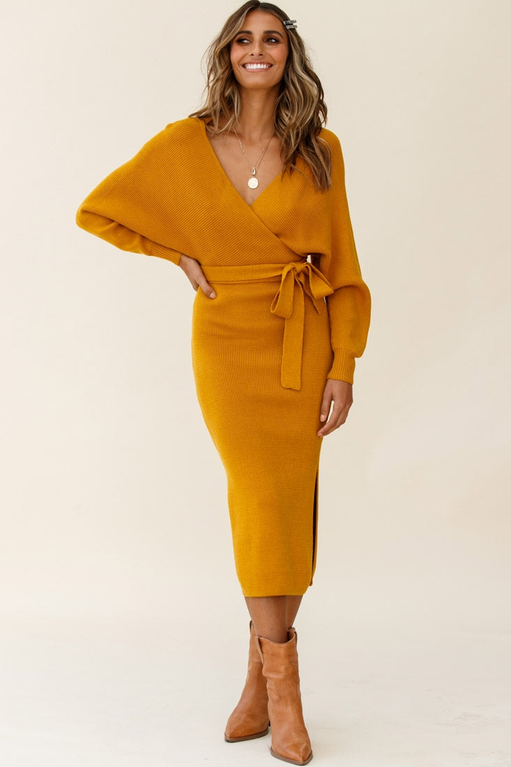 Cameo Batwing Knit Midi Dress Mustard by Selfie Leslie