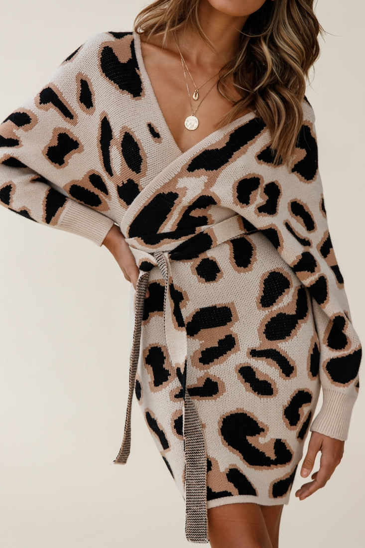 Cameo Batwing Knit Dress Animal Print Beige by Selfie Leslie
