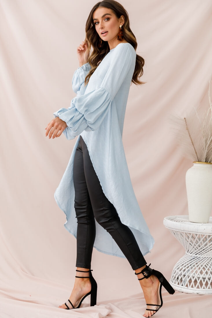 Elaine High Low Balloon Sleeve Top Blue by Selfie Leslie