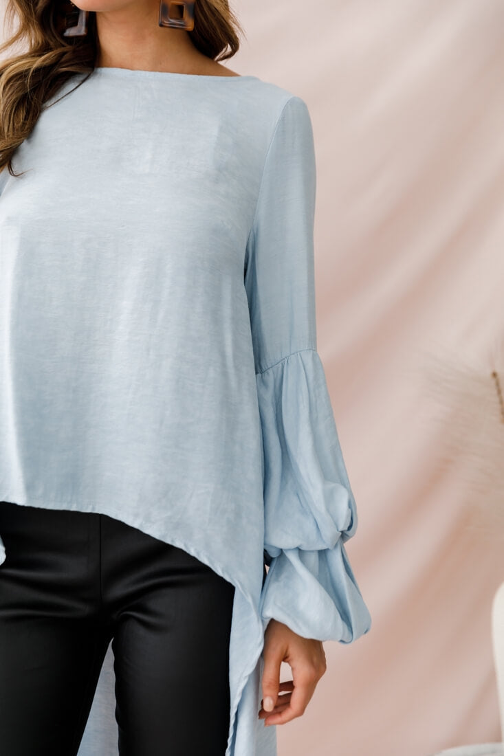 Elaine High Low Balloon Sleeve Top Blue by Selfie Leslie