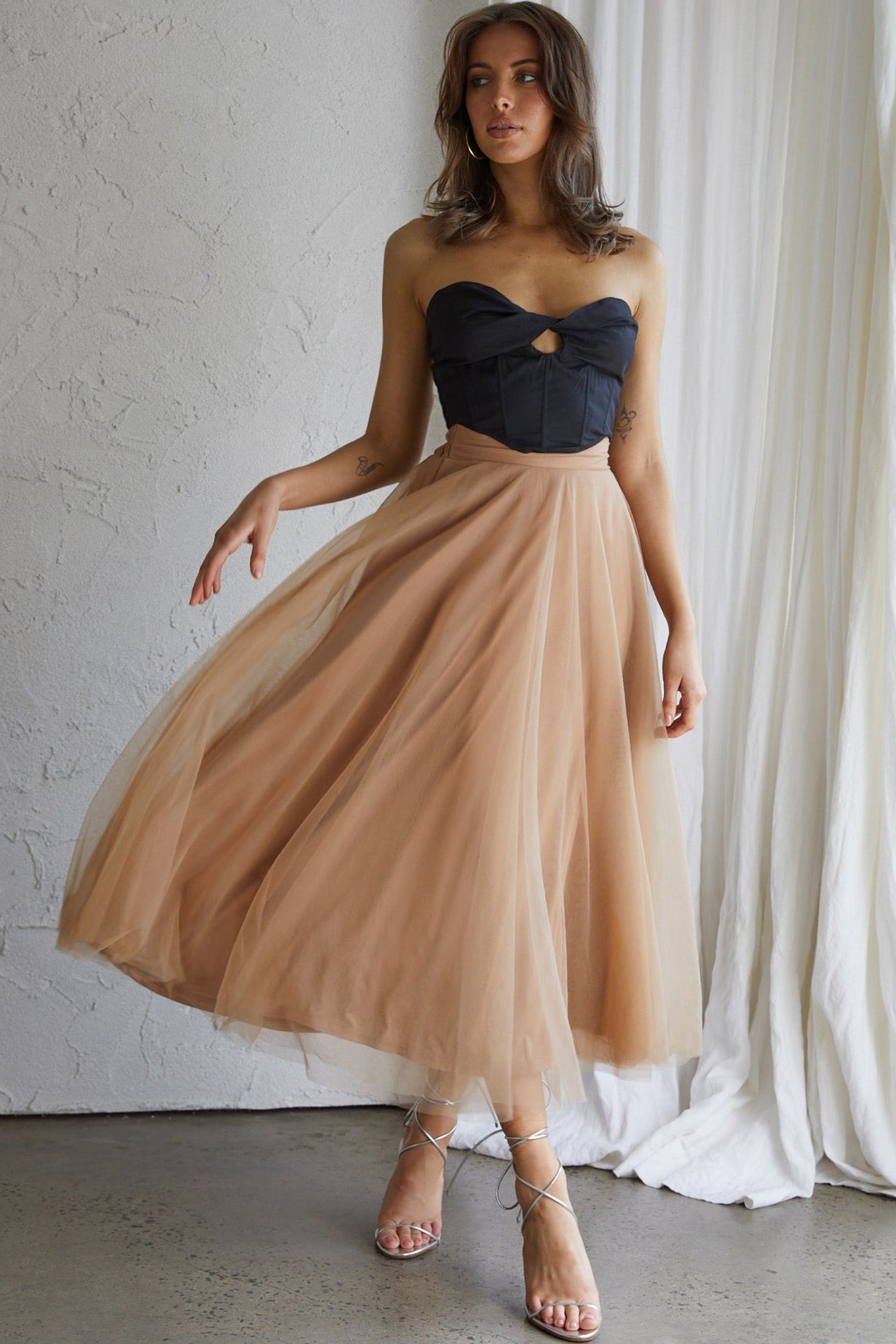 Jasmine Organza Mesh Elasticated Waist Midi Skirt Brown by Selfie Leslie