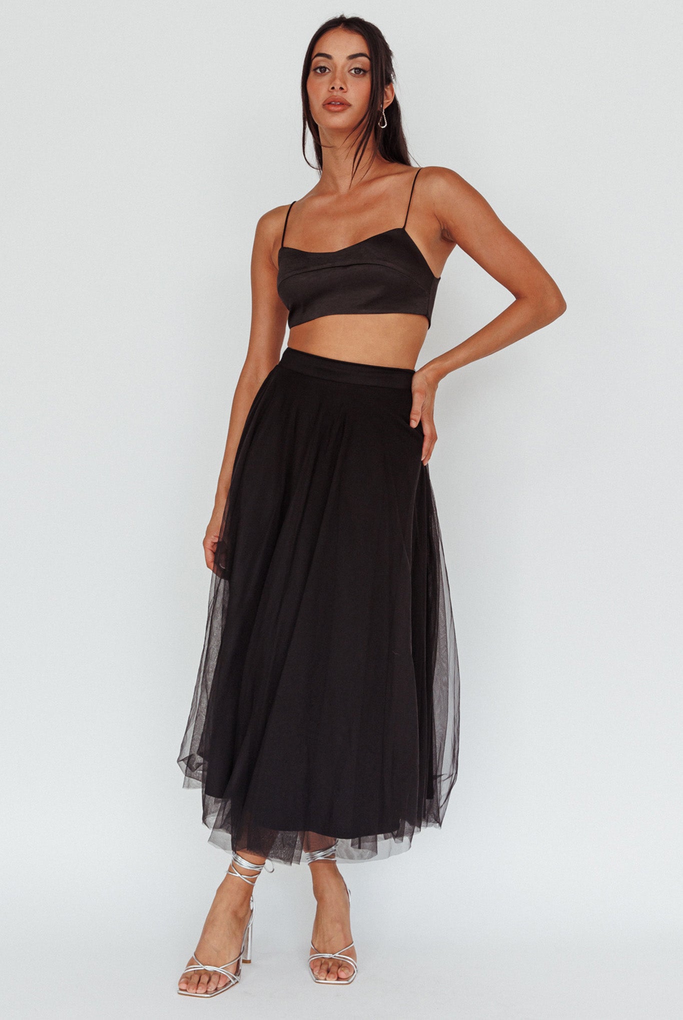 Jasmine Organza Mesh Elasticated Waist Midi Skirt Black by Selfie Leslie Australia