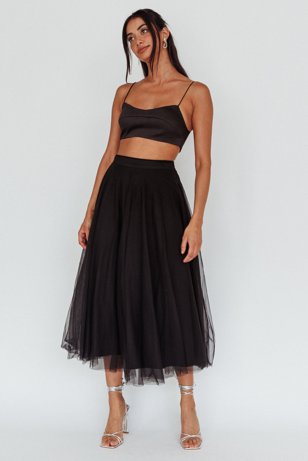 Jasmine Organza Mesh Elasticated Waist Midi Skirt Black by Selfie Leslie Australia