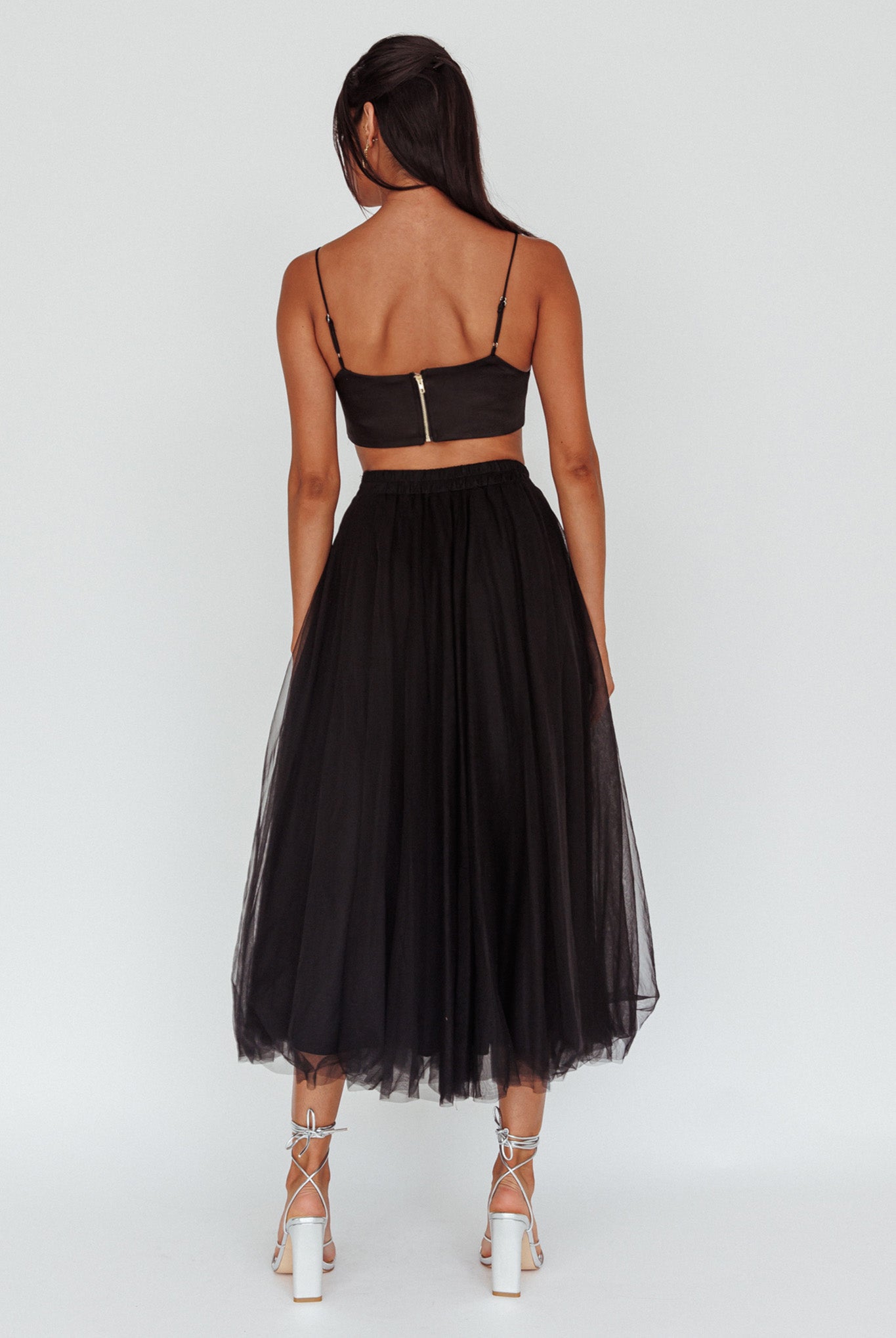 Jasmine Organza Mesh Elasticated Waist Midi Skirt Black by Selfie Leslie Australia