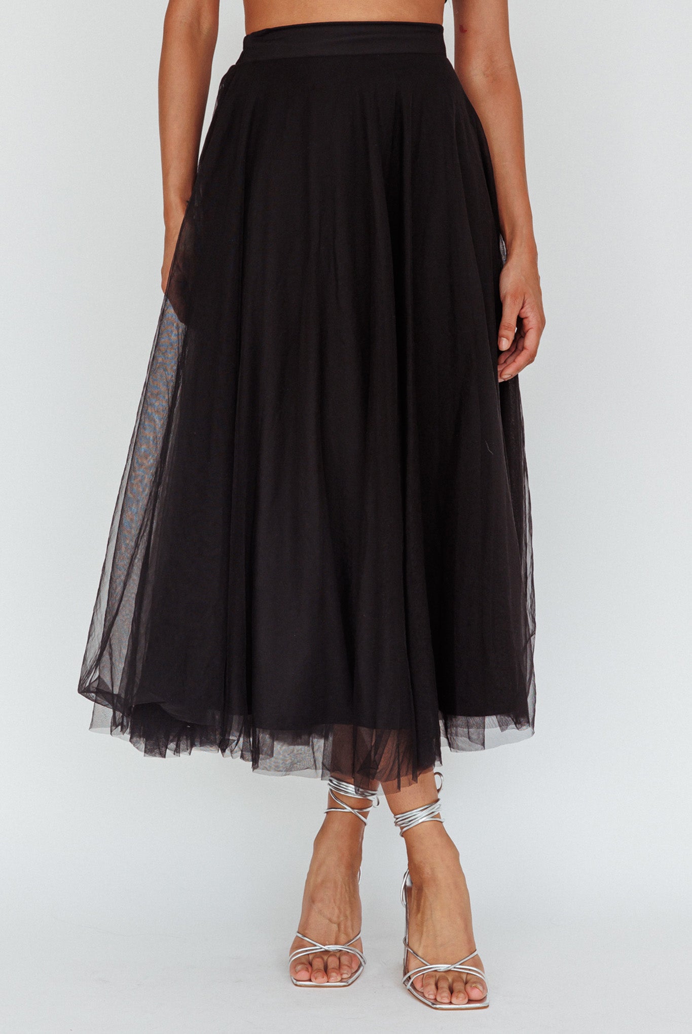 Jasmine Organza Mesh Elasticated Waist Midi Skirt Black by Selfie Leslie Australia