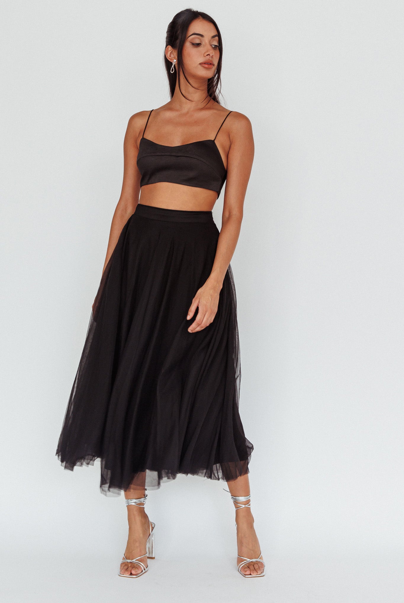 Jasmine Organza Mesh Elasticated Waist Midi Skirt Black by Selfie Leslie Australia