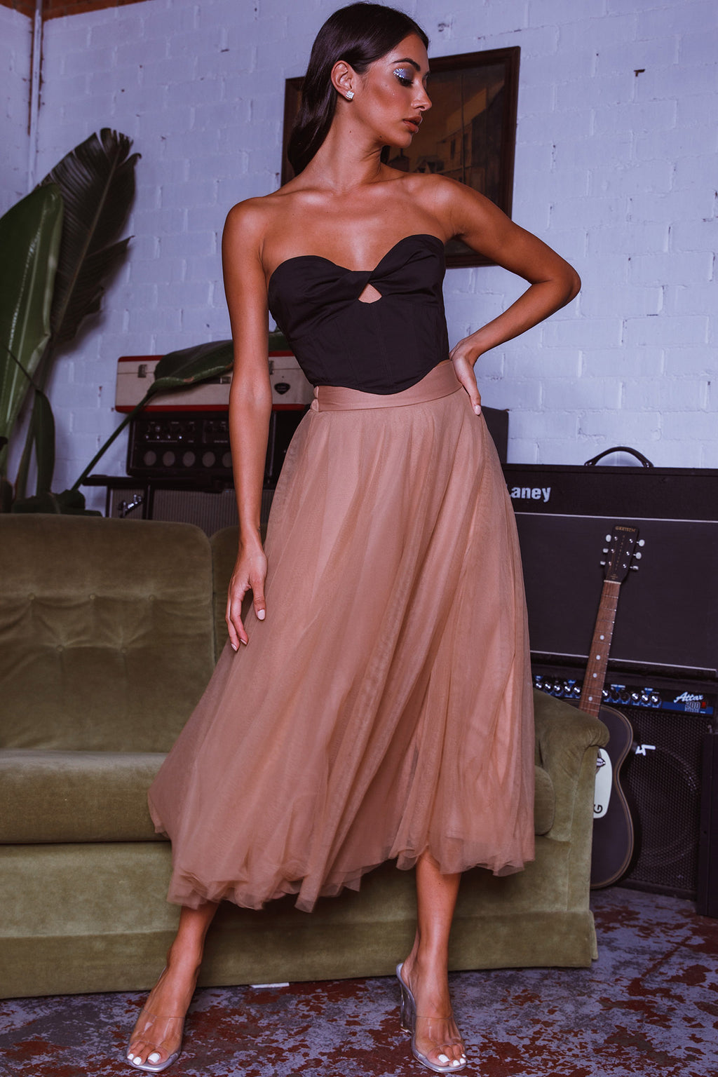 Jasmine Organza Mesh Elasticated Waist Midi Skirt Brown by Selfie Leslie