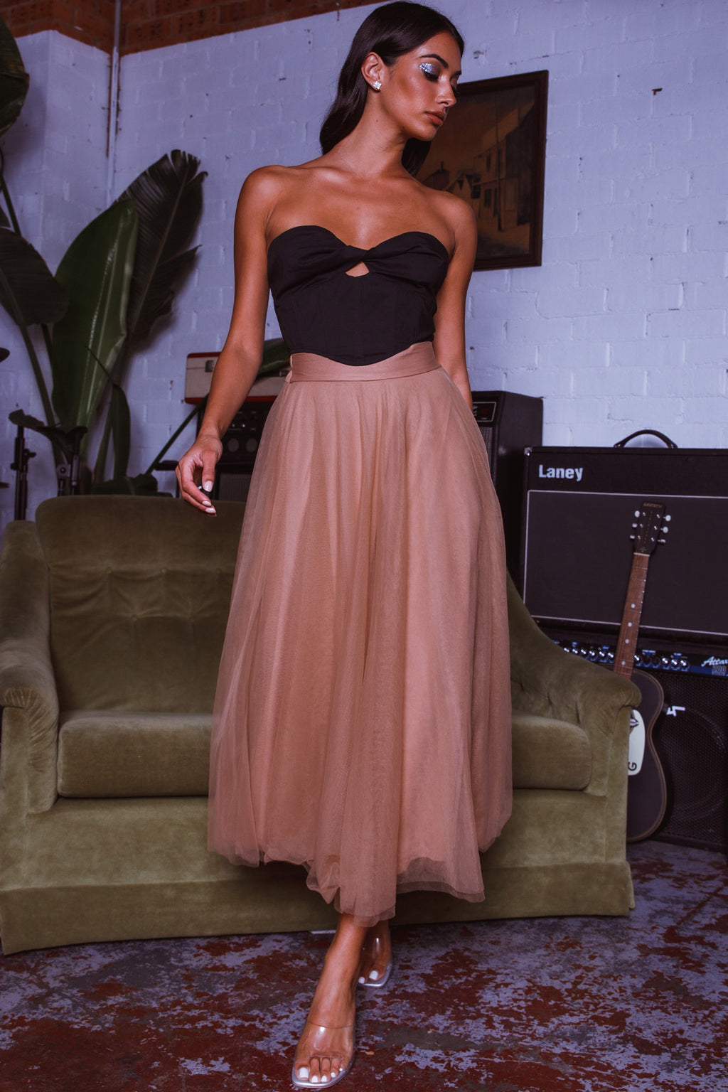 Jasmine Organza Mesh Elasticated Waist Midi Skirt Brown by Selfie Leslie