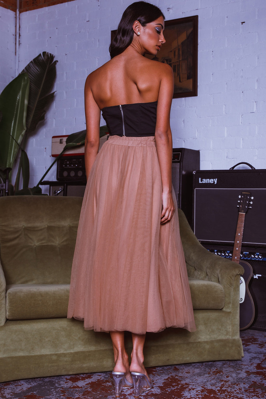 Jasmine Organza Mesh Elasticated Waist Midi Skirt Brown by Selfie Leslie