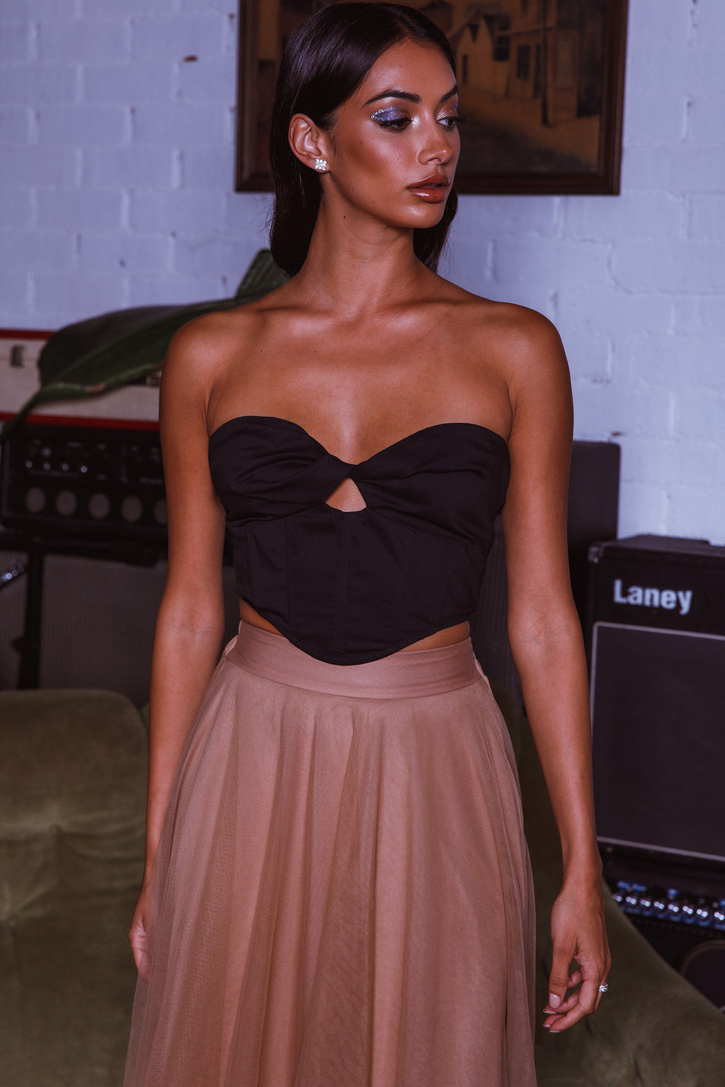 Jasmine Organza Mesh Elasticated Waist Midi Skirt Brown by Selfie Leslie