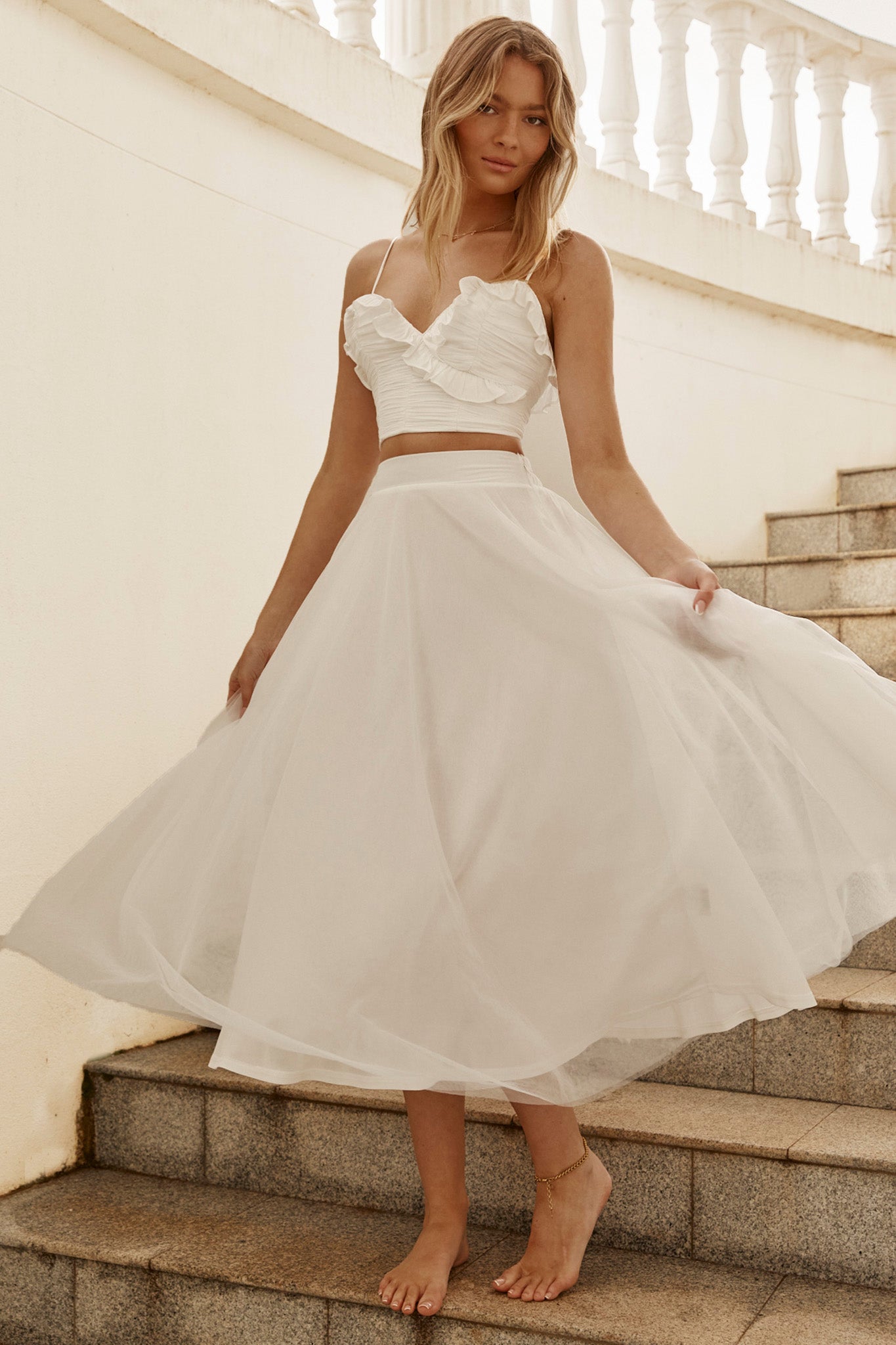 Jasmine Organza Mesh Elasticated Waist Midi Skirt White by Selfie Leslie