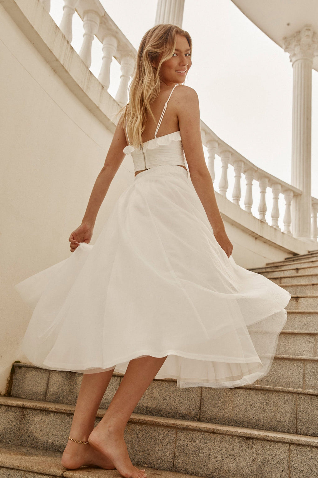 Jasmine Organza Mesh Elasticated Waist Midi Skirt White by Selfie Leslie