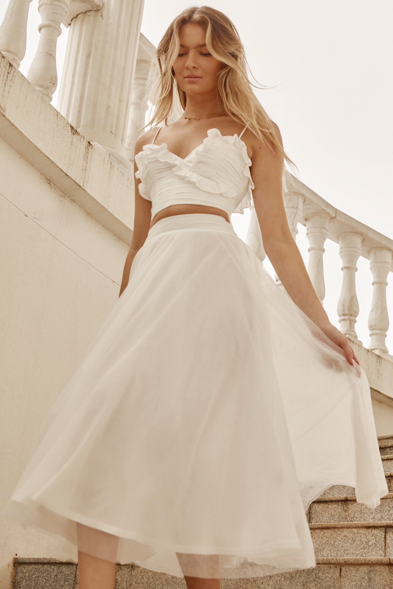 Jasmine Organza Mesh Elasticated Waist Midi Skirt White by Selfie Leslie