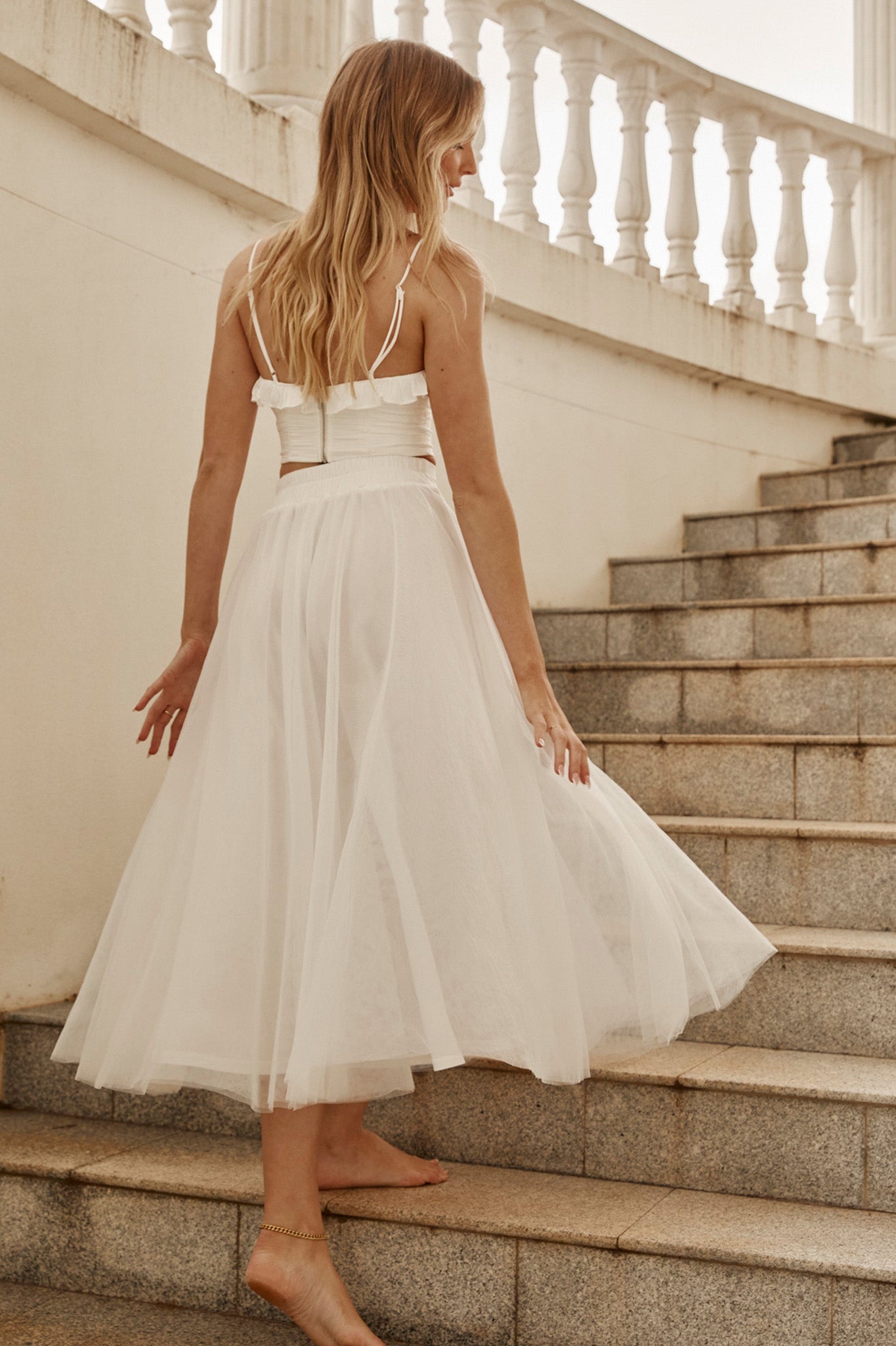 Jasmine Organza Mesh Elasticated Waist Midi Skirt White by Selfie Leslie