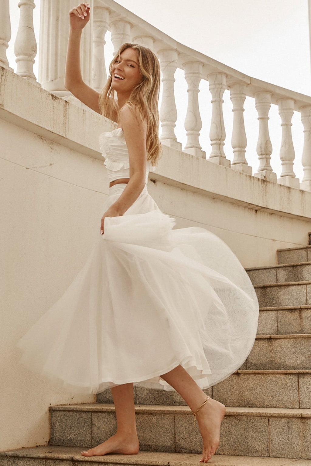 Jasmine Organza Mesh Elasticated Waist Midi Skirt White by Selfie Leslie