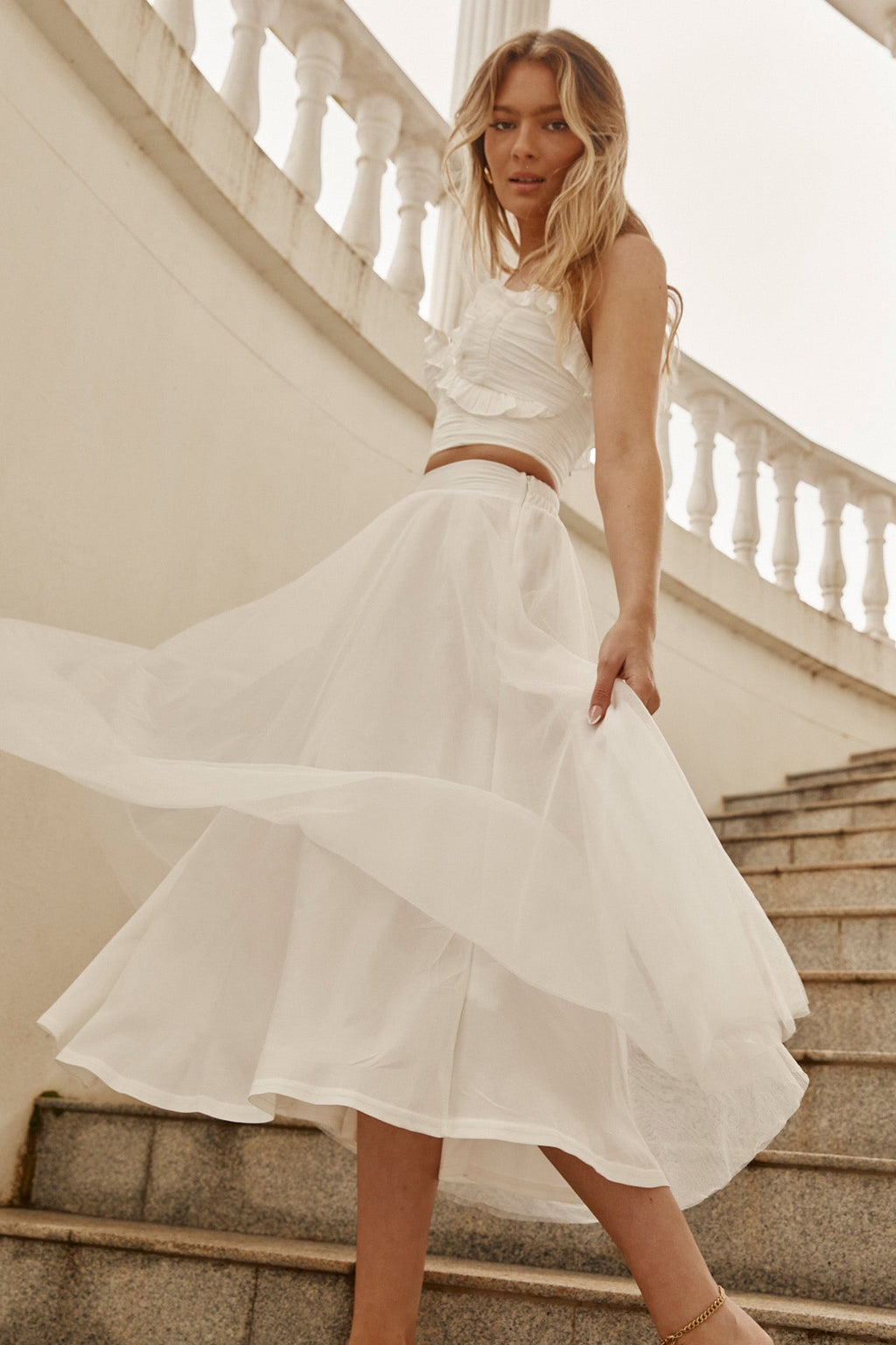 Jasmine Organza Mesh Elasticated Waist Midi Skirt White by Selfie Leslie