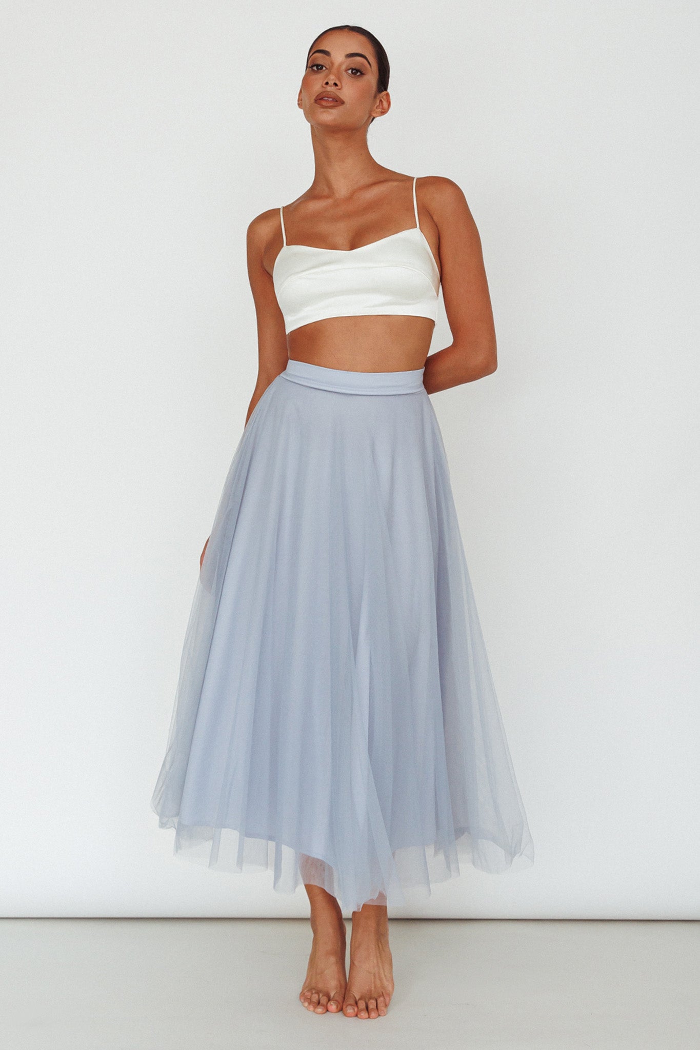 Jasmine Organza Mesh Elasticated Waist Midi Skirt Blue by Selfie Leslie Australia